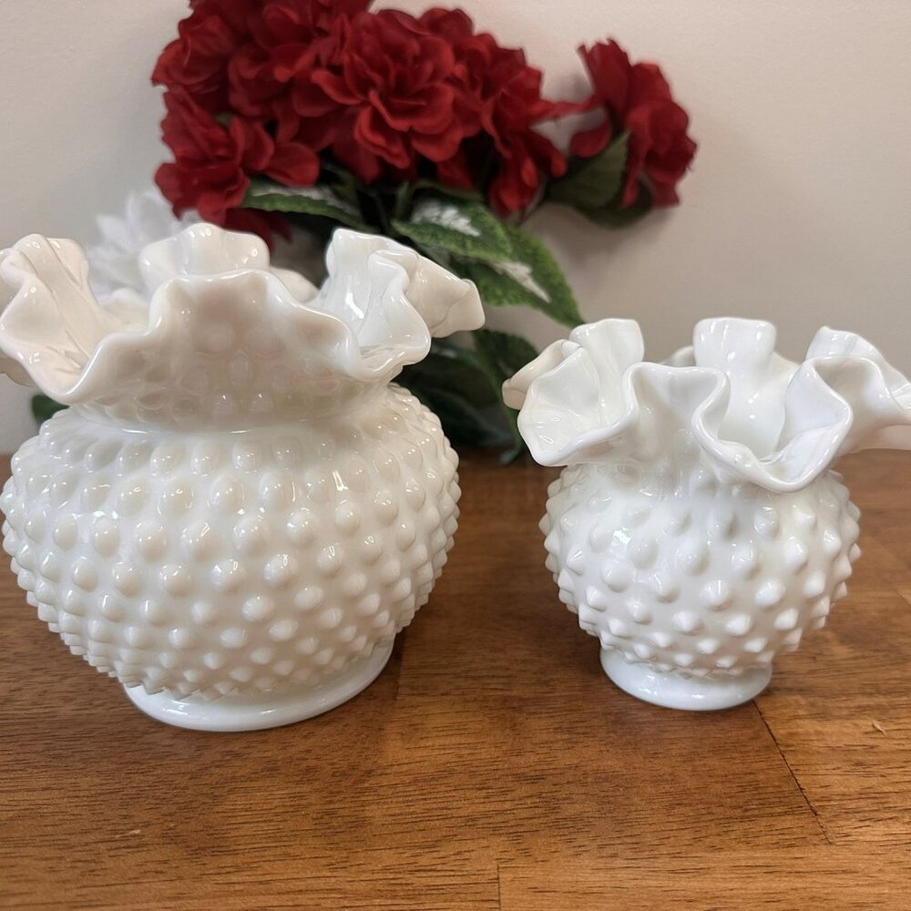 Vintage Hobnail Milk Glass Ruffle Vases Pair Fenton Style White Glass Vase Set